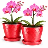 PECZEKO Blumentopf glänzender, Pflanzkübel aus Übertopf Kunststoff Dekorativer Topf für, groß und klein Pflanzen, 2er-Set blumenkübel mit Untersetzer, blumenkübel kräutertopf, Hellrot, ø 16 cm