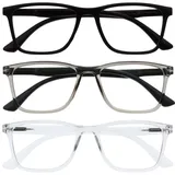 OPULIZE NYX Blaulichtfilter Lesebrille für Damen Herren - Blendfreie UV400-Schutz Federscharnier Anti-Müdigkeit - 3er-Pack - Rechteckiger Rahmen - Schwarz Grau Klar - + 1,00