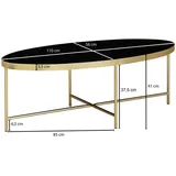 KADIMA DESIGN Couchtisch, oval, Glasplatte, filigranes Metallgestell, Schwarz/Gold, 110x56 cm