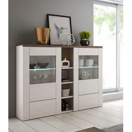 Home Affaire Highboard HOME AFFAIRE "Larona, zeitlose Hochkommode mit 2 Türen, Türkommode, Höhe 129,5 cm", weiß (sibiu weiß, eichefarben sägerau dunkel), B:155cm H:130cm T:37cm, Sideboards, Highboard, Anrichte mit dekorative Rahmenoptik, Türen mit Glaseinsatz