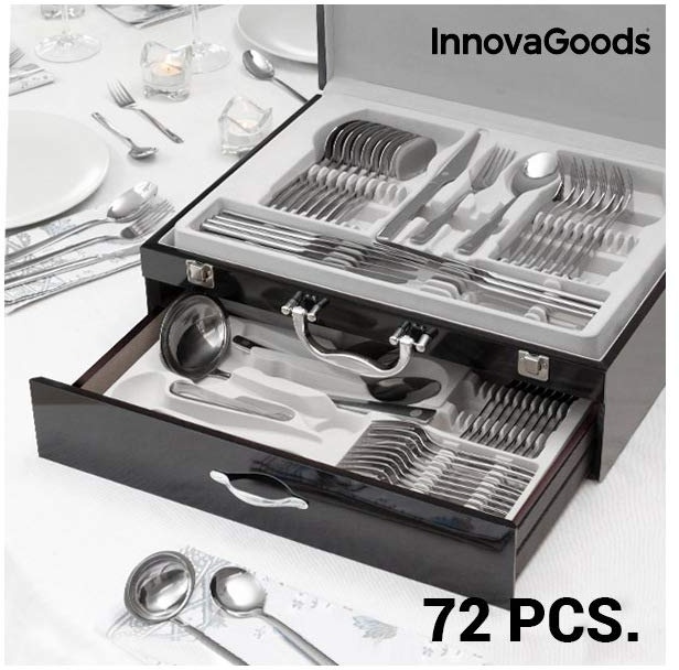InnovaGoods - 72 Teiliges Edelstahl Besteckset Cook D`Lux, Elegantes Design, Ideal als Geschenk, Mit Verschlussbox, Silber, Edelstahl