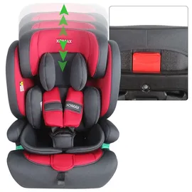 XOMAX Kindersitz ISOFIX I mitwachsend I 9-36 kg, 15 Monate - 12 Jahre, Gruppe 1/2/3 I 5-Punkt-Gurt und 3-Punkt-Gurt I Bezug abnehmbar und waschbar I ECE R129 I anthrazit-rot