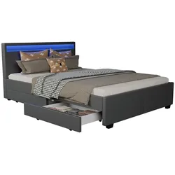 Juskys Polsterbett Lyon 140x200 cm mit Lattenrost, Bettkasten & LED Beleuchtung - grau