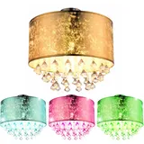 GLOBO LED Deckenlampe Kronleuchter Hängeleuchte mit RGB-Farbwechlser inkl. Fernbedienung, Dimmbar geeignet für: Wohnzimmer, Schlafzimmer, Esszimmer, Küche und Büro GOLD-Stoff, Kristalle