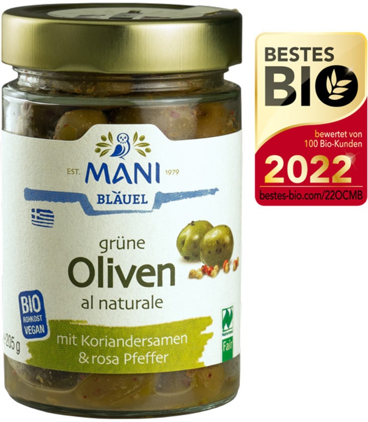 Grüne Oliven al naturale mit Koriandersamen & rosa Pfeffer fermentiert - bio... (0.205kg)