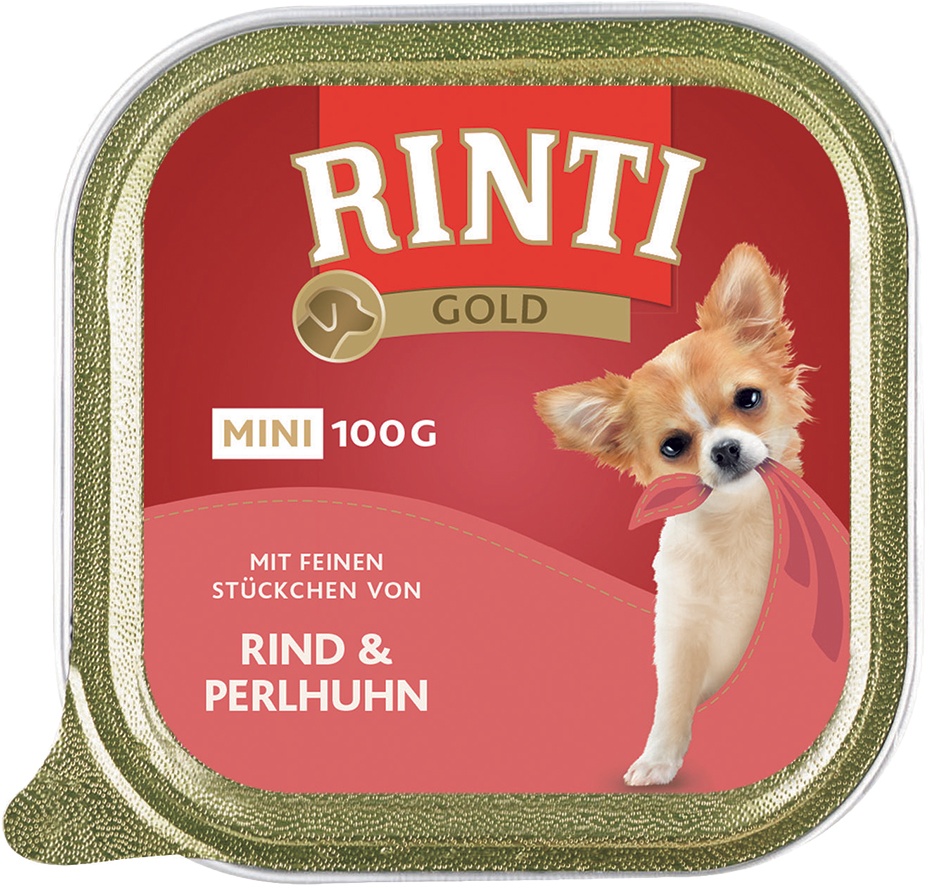 6 x 100 g RINTI Gold Mini Hundenassfutter, Rind & Perlhuhn+