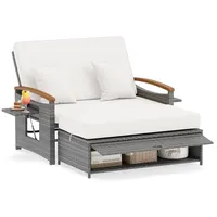 COSTWAY Polyrattan Gartensofa mit Liegefunktion, Sonnenliege mit verstellbarer Rückenlehne, ausklappbarem Seitenablage, Auflage Loungebett Doppell... - Grau/Weiß