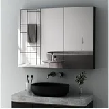 Boromal Hängeschrank Bad mit Spiegel Spiegelschrank Badezimmerspiegelschrank Alu 80x12,5x60 (Wandschrank Badschrank Eckig, 2-türig) Doppelseitiger Spiegel, Verstellbare Glasböden, vormontiert geliefert schwarz