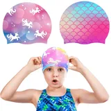 2 Stück Badekappe Kinder, Silikon Schwimmkappe, Wasserdicht, Schwimmhaube Mädchen, Einhorn, Silikonbedruckte Badekappen (A)