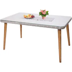 Poly-Rattan Esstisch HWC-H65, Garten-/Lounge-Tisch, Stahl + Akazie halbrundes Poly-Rattan MVG 150x90cm ~ grau