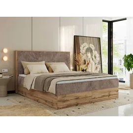 MKS Meble Boxspringbett WOOD Classic mit Topper T25, Doppelbett für Schlafzimmer, hohe Kopfteil - Braun Cord -