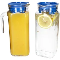 Mambocat 2x KARO Kühlschrankkrug mit Deckel blau 1L Henkel Glas-Karaffe Kanne Saft, Wasser,