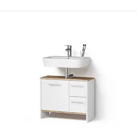 livinity® Waschbeckenunterschrank Amalfi, Weiß/Goldkraft Eiche, 70.2 x 57 cm mit 2 Schubladen und 1 Tür