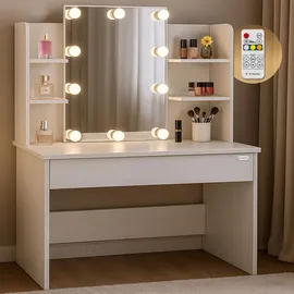 CASARIA Schminktisch Lucia Weiß 140x110x40cm mit LED Beleuchtung Fernbedienung Schublade Beleuchtet Organizer Frisiertisch Ablagen 110x40cm Kosmetiktisch Holz