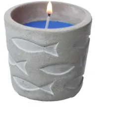 Duftkerze CITRONELLA - Echtwachs in maritimen Betontopf - Fischmuster - H: 7cm - blau