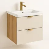 WENA Waschtischunterschrank 60 cm mit Waschbecken, glatte Fronten, Griffe aus Metall in der Farbe Gold Orio (Farbe: Kaschmir/Eiche artisan) - Beige/Grau/Bronze