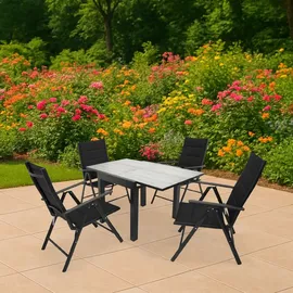 TPFGarden GARTEN-GARNITUR Ashford - 5-teilige Garten-Essgruppe (4x Klappsessel, Aluminium dunkelgrau + Textilgewebe gepolstert schwarz, 1x Balkon-A... - Schwarz
