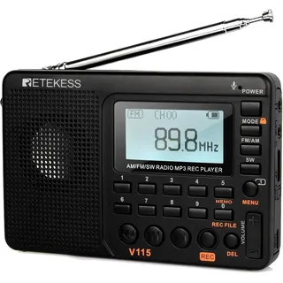 Retekess V115 Tragbares Radio,Radio AM FM SW mit 1000mAh Wiederaufladbare Batterie, Unterstützt 32 GB TF Karte, Geschenke zum Muttertag, Vater - Schwarz