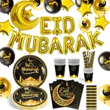 iZoeL Eid Mubarak Dekoration, Eid Partydeko Partygeschirr Partyteller Becher Strohhalme Eid Mubarak Girlande Luftballons Mond-Sterne Folienballon mit Eid Mubarak Karten