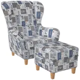 Supellex Ohrensessel Sofia Patchwork maritime Motive 92 x 68 x 95 cm Blau mit Hocker