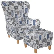 Supellex Ohrensessel Sofia Patchwork maritime Motive 92 x 68 x 95 cm Blau mit Hocker