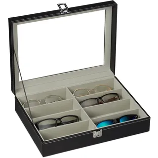 Relaxdays Brillenbox für 8 Brillen, Aufbewahrung Sonnenbrillen, 8,5 x 33,5 x 24,5 cm, Kunstleder Brillenkoffer, schwarz