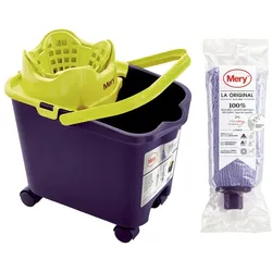 Mery Mery | Superabsorbierende Mikrofaser Mop und Eimer Set | 360o Automatischer Abtropf-Eimer und Räder | Extra großer Mop-Kopf | No Ratro | Violett