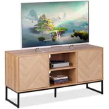 Relaxdays TV Lowboard, Retro-Design, HBT: 60 x 38 cm, Holzoptik, Metall, 4 Fächer, Fernsehtisch, Hellbraun/schwarz