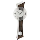 Pendeluhr von AMS. design, große Pendelwanduhr Wohnzimmeruhr modern geräuscharm mit einem Metallpendel Silber glänzend, Wanduhr Rückwand Holz Aluminium Kombi