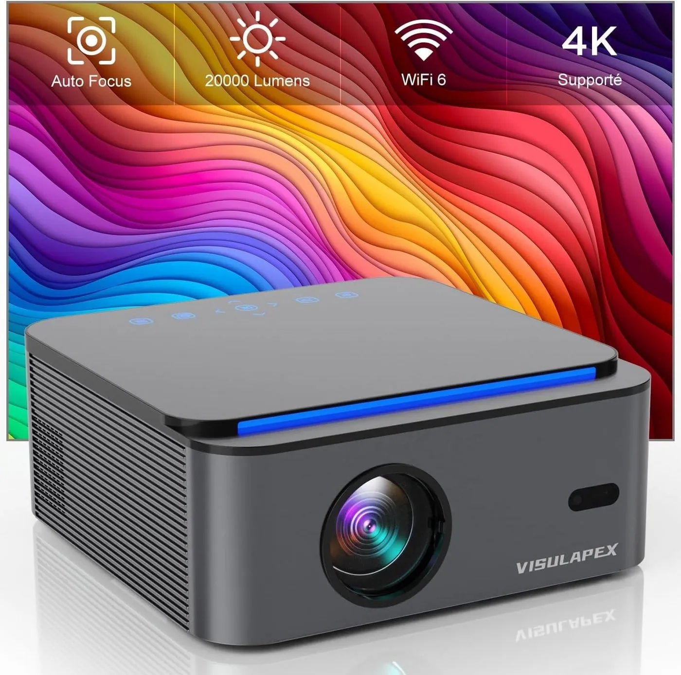 VISULAPEX Autofokus/Trapezkorrektur WiFi6 1080P Full HD 4K Unterstützt Heimkino Portabler Projektor (20000 lm, 18000:1, 3840*2160 px, kompatibel mit Smartphone/TV Stick/PS5) schwarz