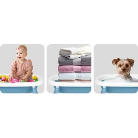 Ricokids Baby Badewanne Babywanne mit Gestell Thermometer und Badekissen - Faltbar Leicht Rutschfest - Weiß Blau