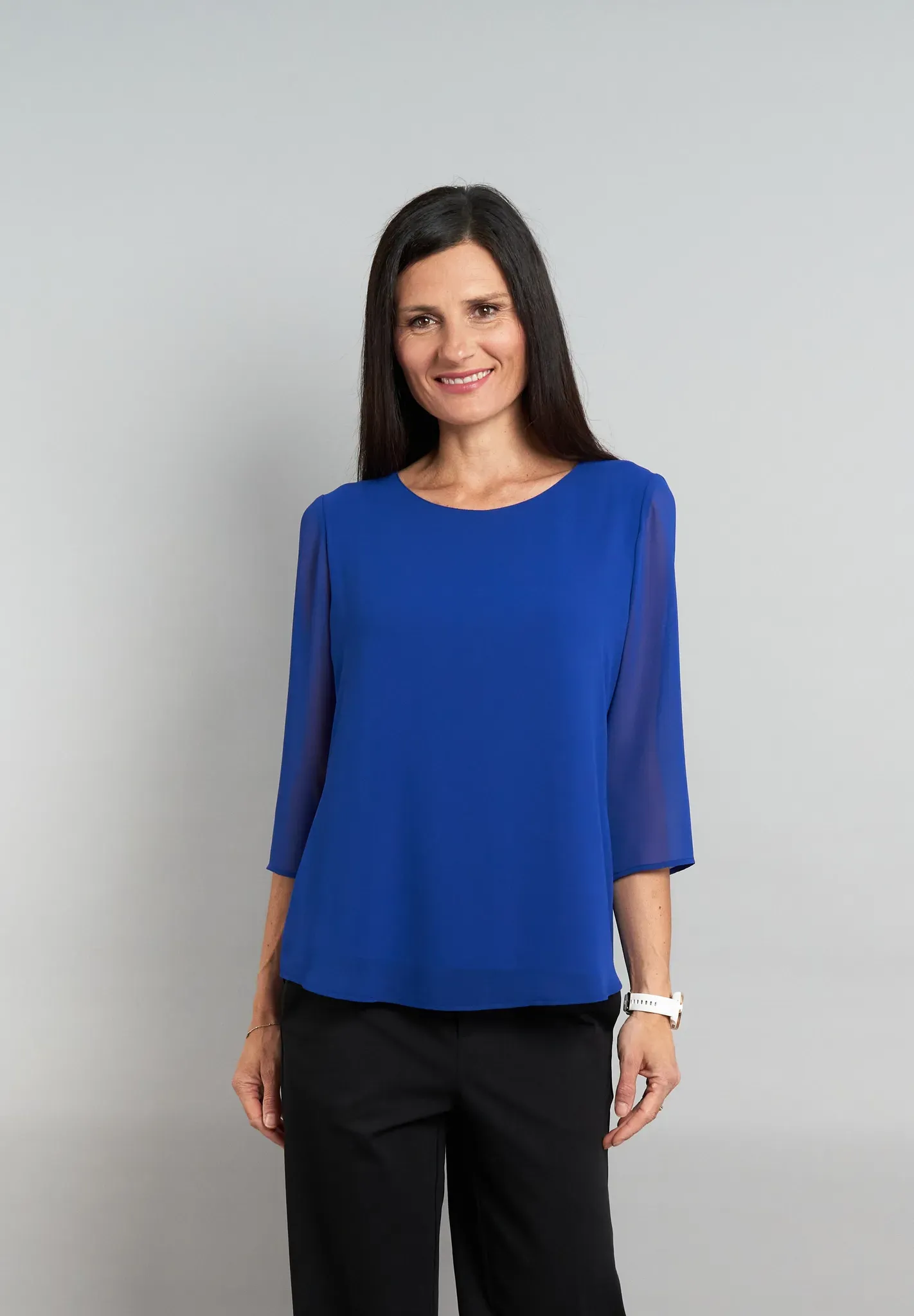 Chiffonbluse SEIDEL MODEN, Damen, Gr. 44, blau, Single Jersey, Obermaterial: 100% Polyester. Obermaterial 2: 95% Viskose, 5% Elasthan, unifarben, lässig geschnitten hüftbedeckend, Rundhals, Blusen Chiffonbluse, MADE IN GERMANY
