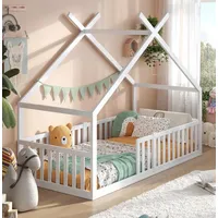 ALAVYA HOME ALAVYA HOME® Hausbett Bodenbett Dream FSC Zertifiziert mit Rausfallschutz & Lattenrost, bodentiefes Jugendbett weiß massiv BUCHE für Junge Mädchen (Weiß - ohne Matratze, 90 x 200 cm)