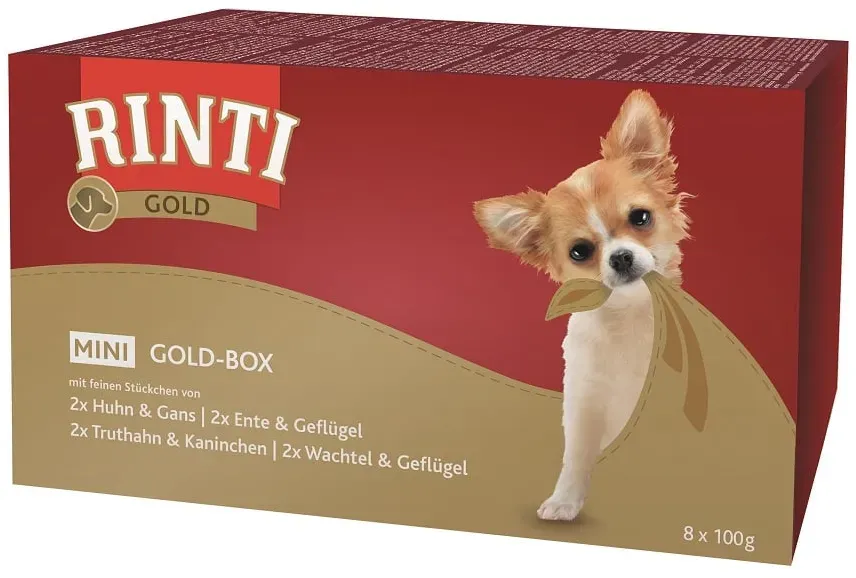 RINTI Gold Multibox Mini Schale Huhn und Gans, Truthahn und Kaninchen, Ente und Geflügel, Wachtel und Geflügel 8x100g