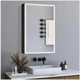WDWRITTI Spiegelschrank Schwarz Metall Badezimmerspiegelschrank LED mit 3Lichtmodi 50x70cm (Badschrank mit Spiegel Hängeschrank Einzeltür, Helligkeit dimmbar, Speicherfunktion) Alu-Schranktür, Doppelseitiger Spiegel, Verstellbare Glasböden schwarz