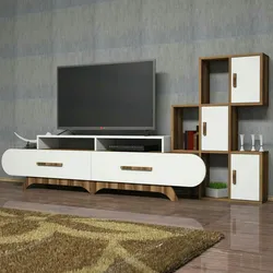 Dmora Wohnzimmermöbel Dporchi, Modulares Wohnzimmerset, Mehrzweck-Wohnzimmermöbel, Moderner TV-Schrank, 205x37h50 cm, Walnuss und Weiß