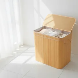 Relaxdays Wäschekorb mit Deckel, Bambus, 150 l, 3 Fächer, HxBxT: 61,5 x 61 x 41,5 cm, Badezimmer Wäschetruhe, Natur
