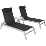 VILLANA 2er-Set Sonnenliegen, silber/schwarz, Alu/Textil, 198x66x32cm, mit Beistelltisch 45x45cm