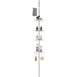 KeZaara Teleskop Duschregal ohne Bohren Edelstahl, Teleskopregal Bad, Duschablage Ecke mit 4 Körben 1 Handtuchhalter 6 Haken und 4 Aufklebern für Badewanne und Badezimmer 97-313 cm Weiß