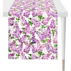 Tischläufer APELT "6820 SPRINGTIME, Frühjahrsdeko, Frühling", bunt (flieder, weiß, grün), B:48cm L:140cm, Polyester, Baumwolle, Tischdecken, mit Blütenmotiv, Digitaldruck, Flieder All-Over