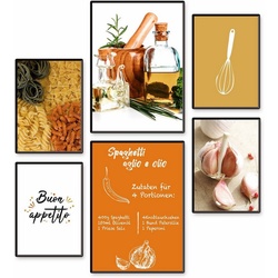 Artland Poster Spagetti Pasta Rezept, Speisen (Set, 6 St), 6er Set, 2xDIN A3 / 4xDIN A4, ohne Rahmen braun