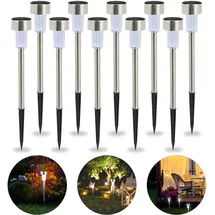 Relaxdays Solarleuchte im 10er Set, wasserdichte LED Solarlampen, für Garten & Terrasse, weißes Licht, Edelstahl, silber