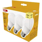 EMOS LED Lampe A60 3er Pack, 9,4W Ersatz für 60W Glühbirne, E27 Sockel, Helligkeit 806 Lumen, Warmweiß 3000 Kelvin, 20000 Stunden Lebensdauer, CRI min. 80, 200° Abstrahlwinkel
