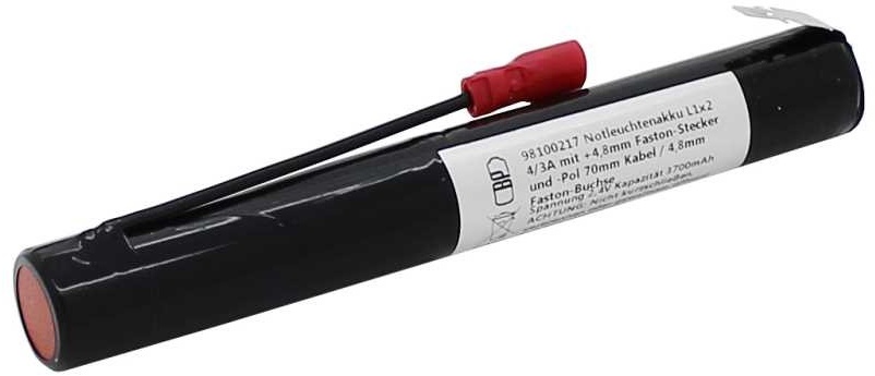 Notleuchtenakku NiMH 2,4V 3700mAh L1x2 4/3A mit +4,8mm Faston-Stecker und -Pol 70mm Kabel / 4,8mm Faston-Buchse