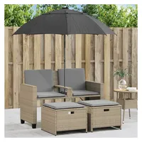 vidaXL Gartensofa 2-Sitzer Sonnenschirm und Hocker Beige Poly-Rattan