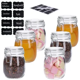 TALK-POINT 6er Set Vorratsdosen aus Glas mit Bügelverschluss, Vorratsgläser, Glasbehälter | Runde bzw. Ovale Form | inkl. 8 Kreideetiketten und Stift | luftdicht, auslaufsicher, Mottensicher (6x 830ml)