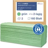 Wellsamed Papierhandtücher 320 Stück, 25 x 23 cm Grün 2-lagig, ZZ-Falz umweltfreundliche Falthandtücher, Handtuchpapier, Papiertücher