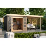 Gartenhaus Holz 28mm Gerätehaus Kandern 3 grau mit Anbaudach 449x244cm +AKTION+
