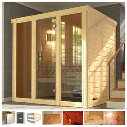 Sauna WEKA "Kemi Panorama", beige (naturbelassen), Bio-Kombiofen, externe Steuerung, 7,5 kW, Saunen, 7,5 kW Bio-Ofen mit ext. Steuerung