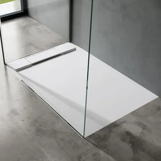 doporro Duschtasse Duschwanne 80x120x4 flach Mineralguss in Weiß inkl. Ablaufgarnitur AL02 DIN-Anschlüsse für bodenebene Montage geeignet Geoma04 -